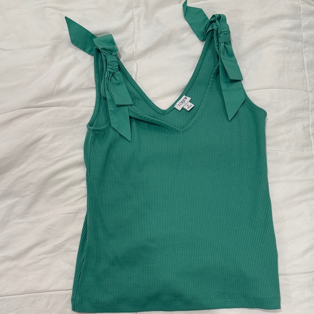 J Crew Teal Ribbed Tank Top with Bow Straps